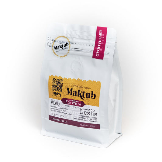 Café Maktub variedad exotica Gesha 86 pts SCA.